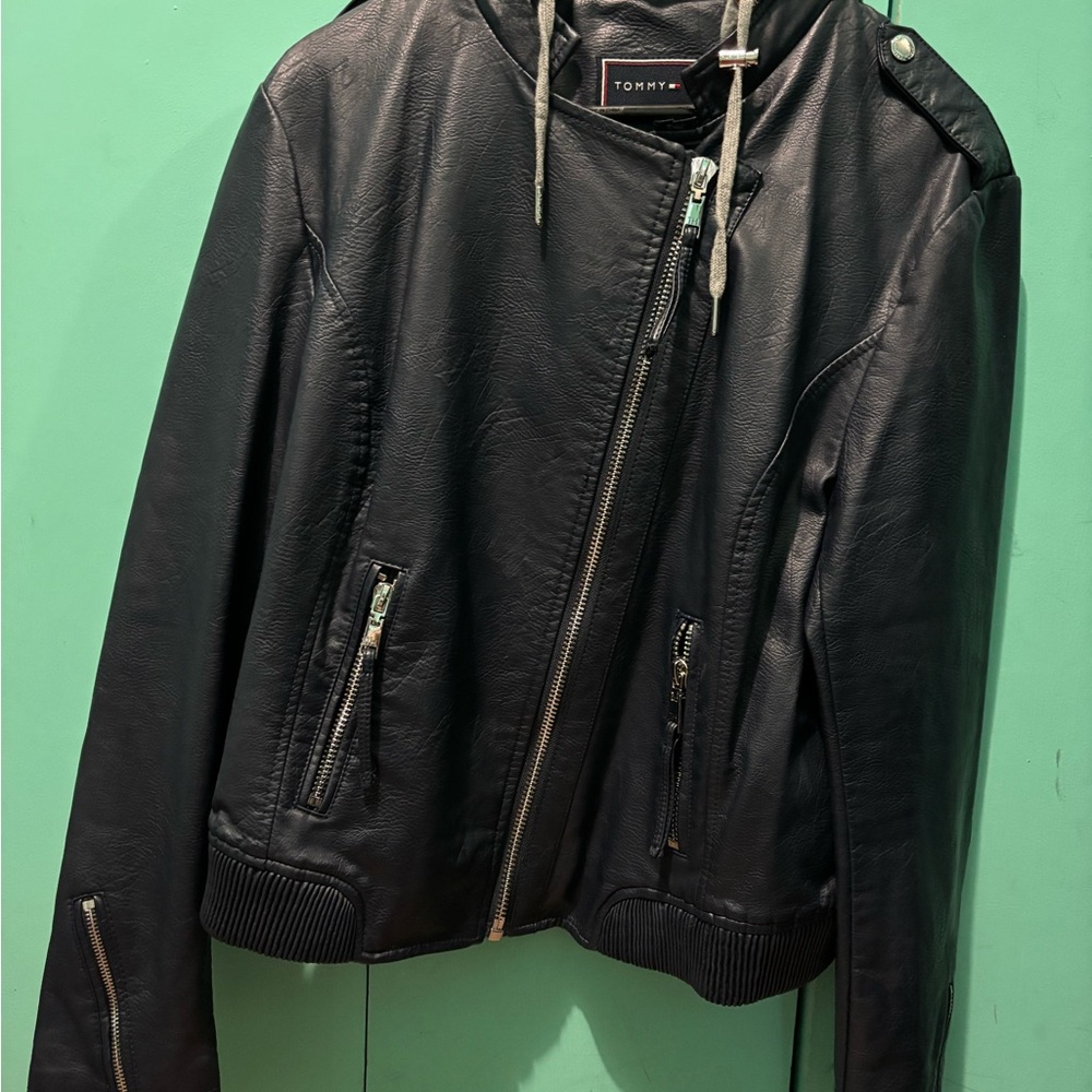Tommy Hilfiger Blue Leather Jacket with Hood